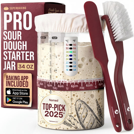 Superbaking PRO Sourdough Starter Jar Kit 34oz with baking app, thermometer strip, linen cover and cleaning brush