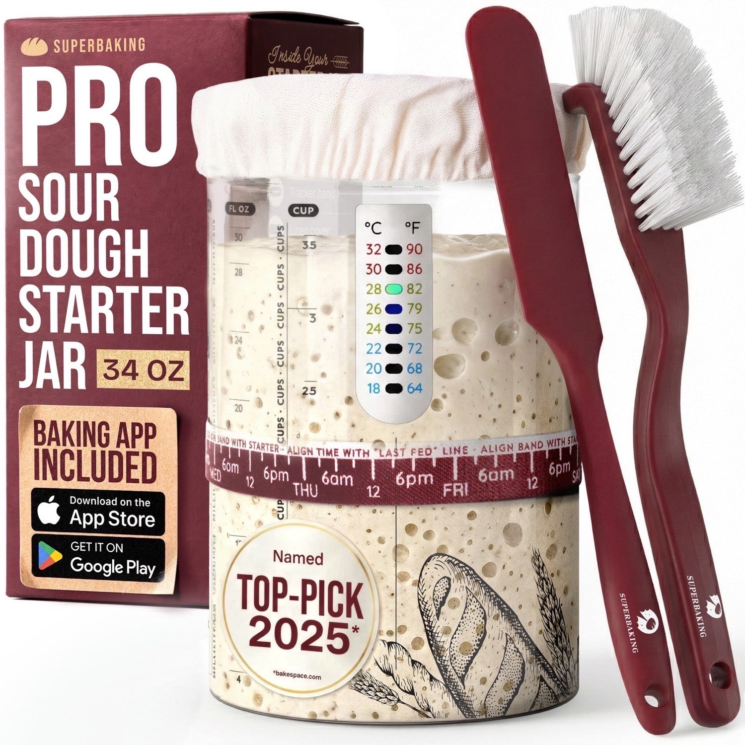 Superbaking PRO Sourdough Starter Jar Kit 34oz with baking app, thermometer strip, linen cover and cleaning brush